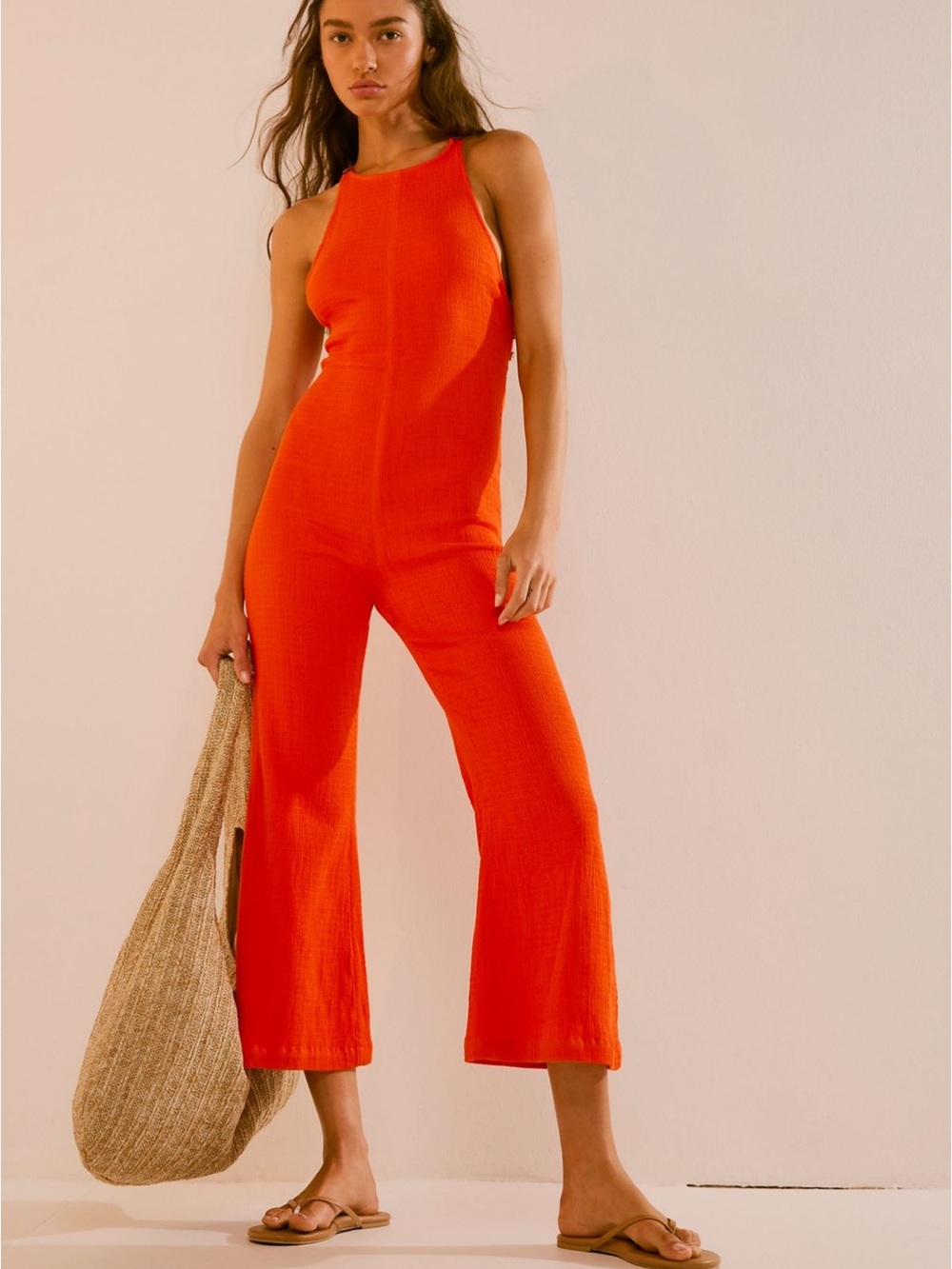 Free People Jayce Stretch Wide-Leg Jumpsuit in Vibrant Orange size M